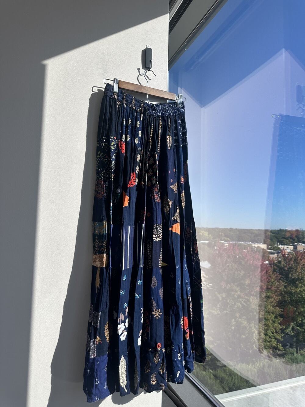 Gypsy Navy Blue Patchwork Hippie Boho Festival Maxi Skirt